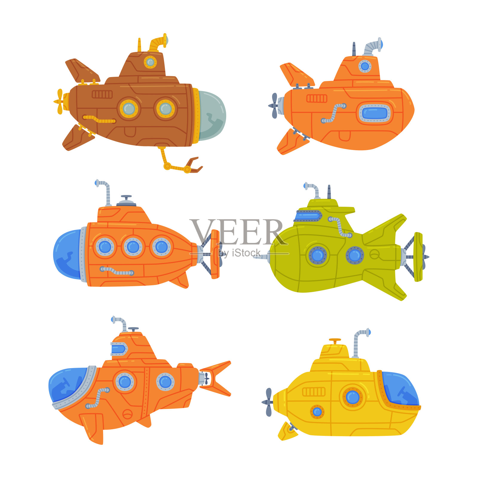彩色潜艇水上飞机游泳水下矢量集插画图片素材
