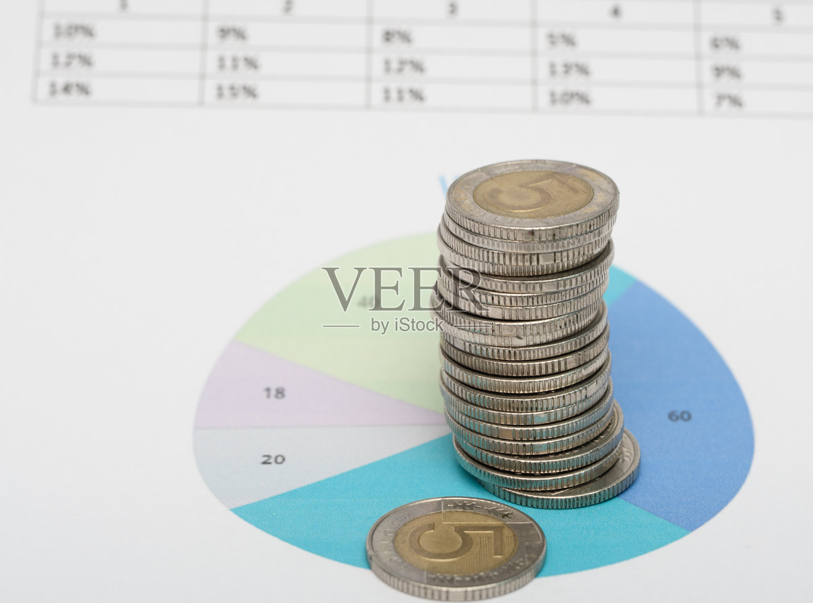 一堆金属硬币放在一张纸上的饼状图上照片摄影图片