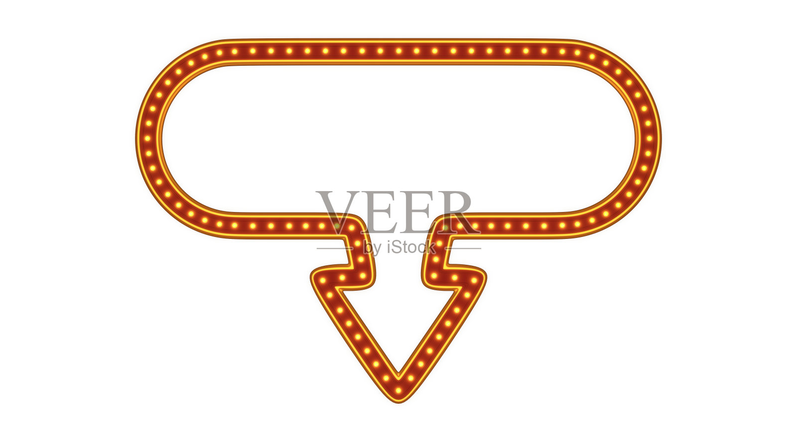 红色箭头讲话泡沫金边框光辉光复古广告标志在白色背景。三维渲染照片摄影图片