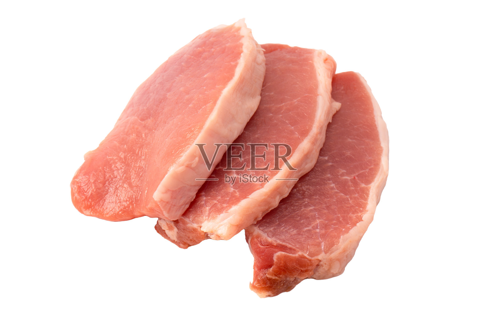 生猪肉块被隔离在白色背景上。照片摄影图片
