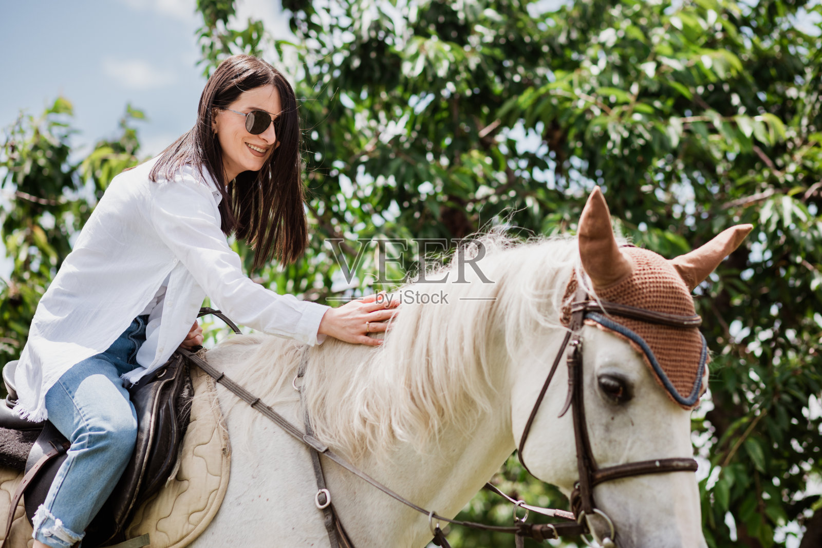 一次平静的旅程。可爱的女人戴着墨镜，在大自然中骑马享受阳光明媚的一天，抚摸着马照片摄影图片