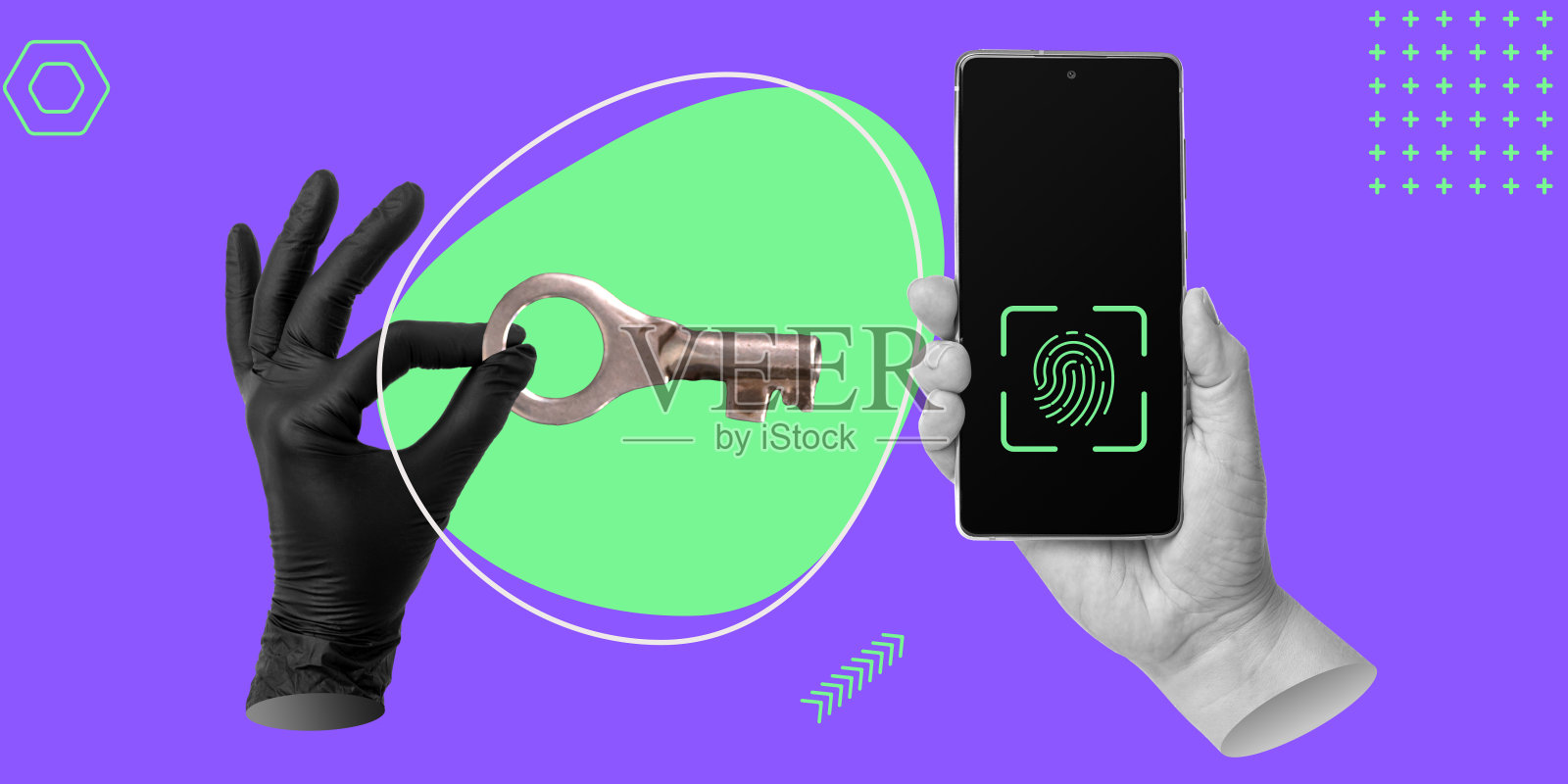 网络安全概念。手戴黑色橡胶手套和金属钥匙，手拿智能手机，指纹图标解锁屏幕。极简艺术拼贴照片摄影图片