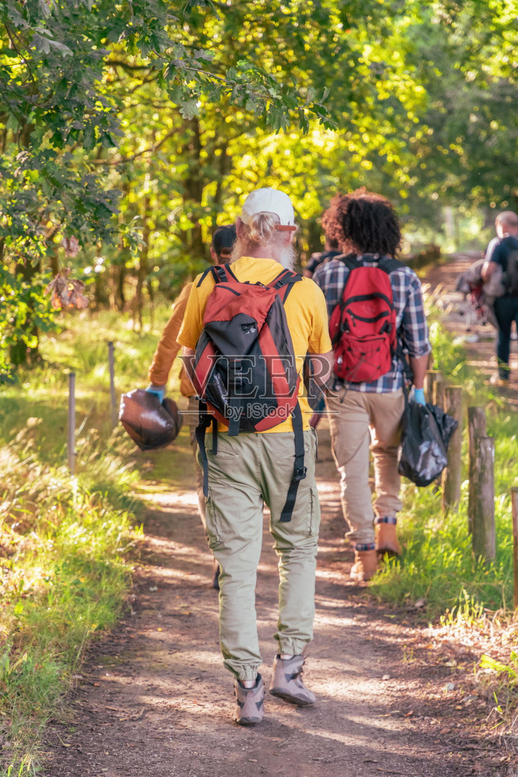 一个跨国组织的志愿者带着收集和回收垃圾的袋子进入森林照片摄影图片