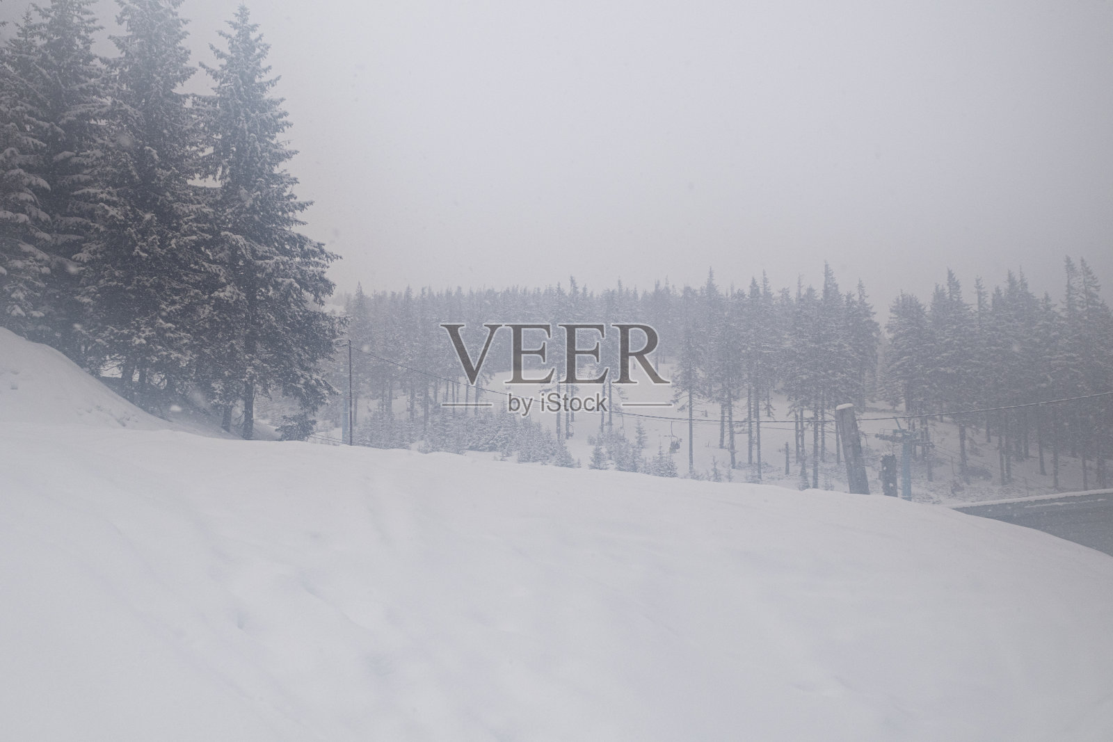 喀尔巴阡山脉美得不可思议。大雪和大雾。所有的树都被雪覆盖着照片摄影图片