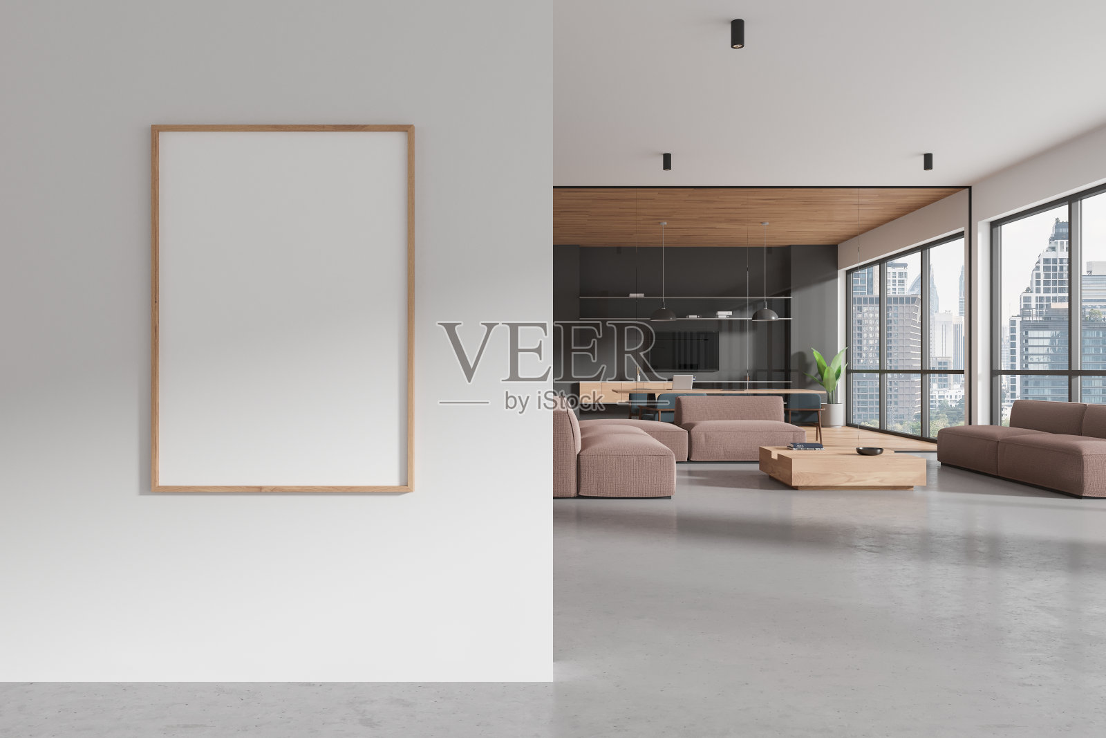 木制的办公室候诊室内部有海报照片摄影图片