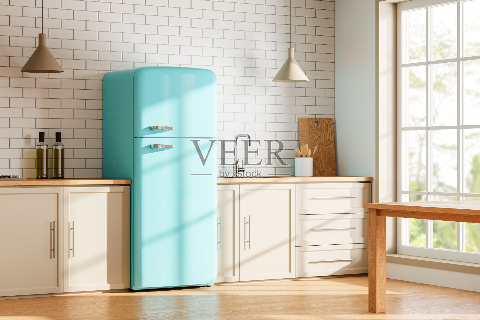 现代家庭厨房内饰，配有厨柜和冰箱，窗户照片摄影图片