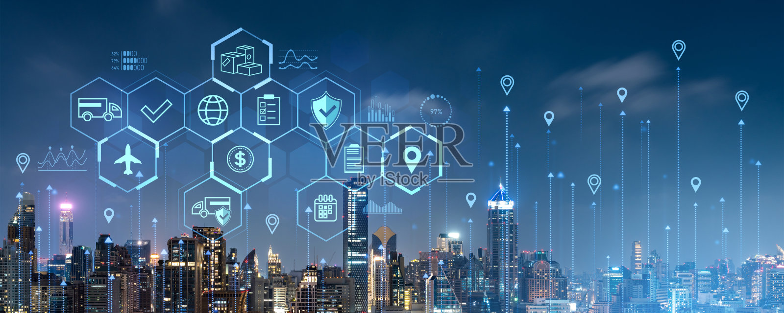 曼谷城市景观和物流图标在虚拟屏幕上，跟踪概念照片摄影图片