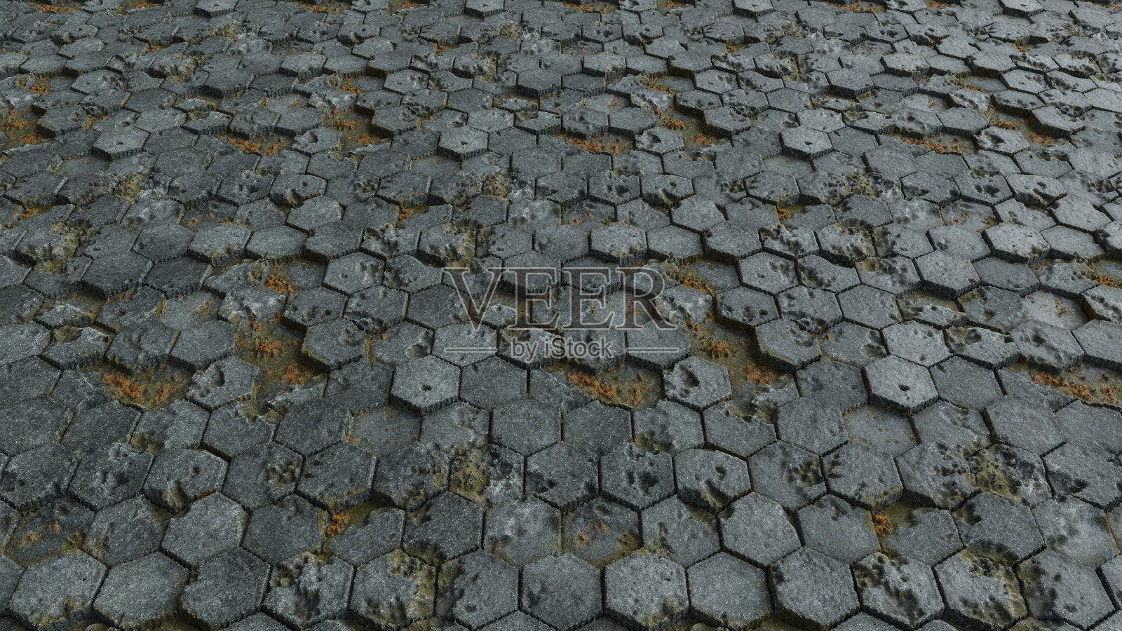 古老的六角形石头地板上长满了苔藓和藻类。纹理，六边形图案，暗六边形壁纸或背景，抽象，六边形瓷砖地板照片摄影图片