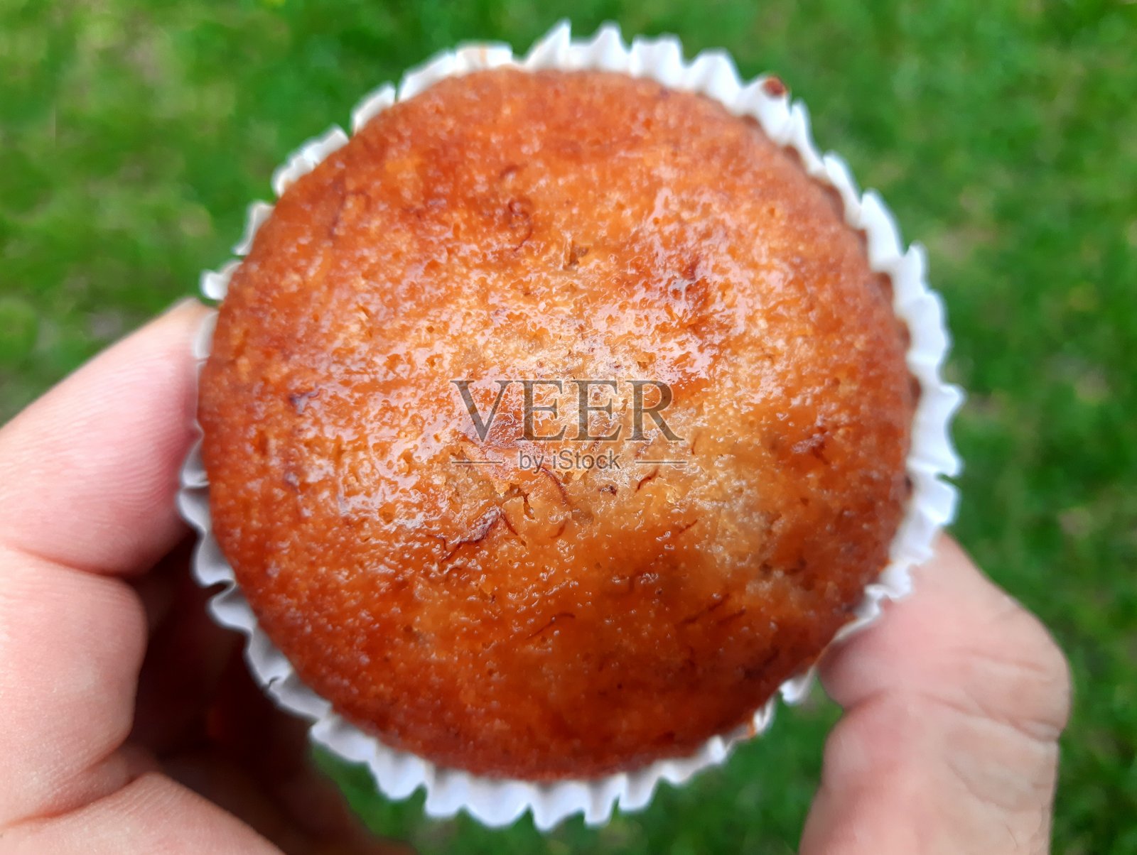 手握香蕉纸杯蛋糕-绿色背景。照片摄影图片