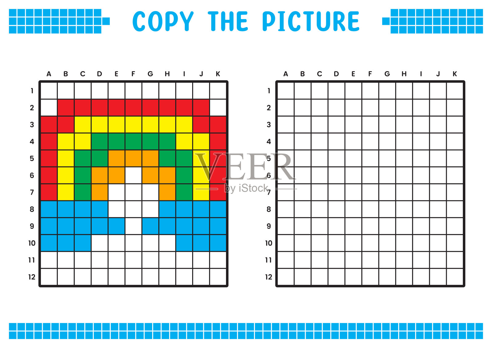 复制图片，完成网格图像。用正方形绘制的教育工作表，着色单元格区域。幼儿学前活动。卡通矢量，像素艺术。彩虹和云图。插画图片素材