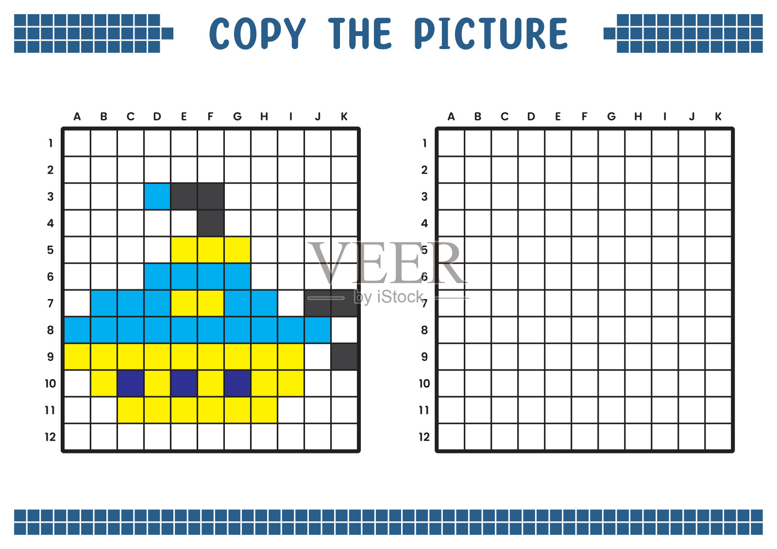 复制图片，完成网格图像。用正方形绘制的教育工作表，着色单元格区域。幼儿学前活动。卡通矢量，像素艺术。潜艇插图。插画图片素材