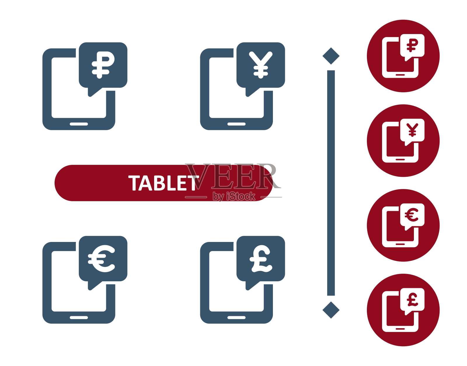 平板电脑图标。欧元，英镑，卢布，日元，人民币，网上银行，电子商务图标插画图片素材