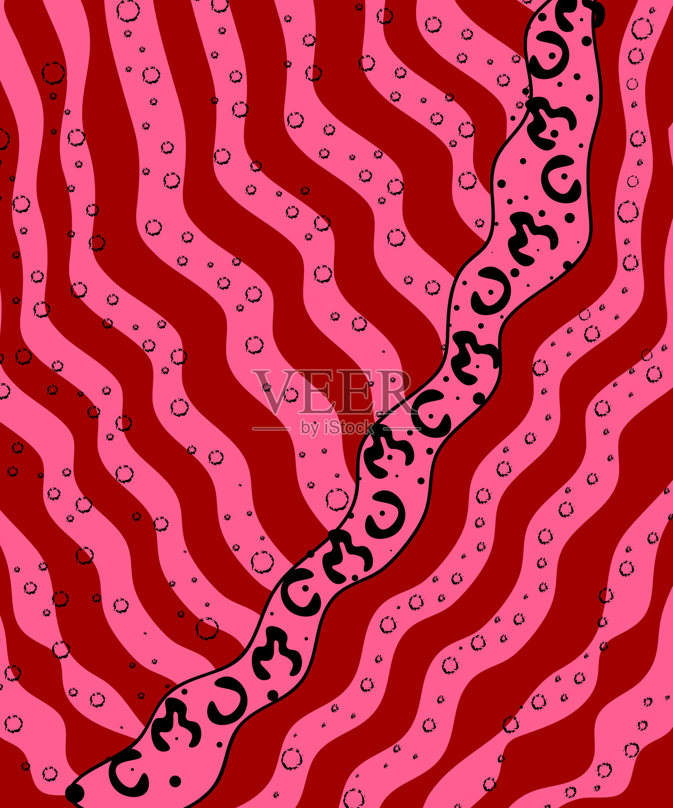 粉色波浪豹纹。彩色手绘拼接平面卡通无缝图案。手工拼接被子风格的背景纺织品概念或有趣的现代背景设计。插画图片素材