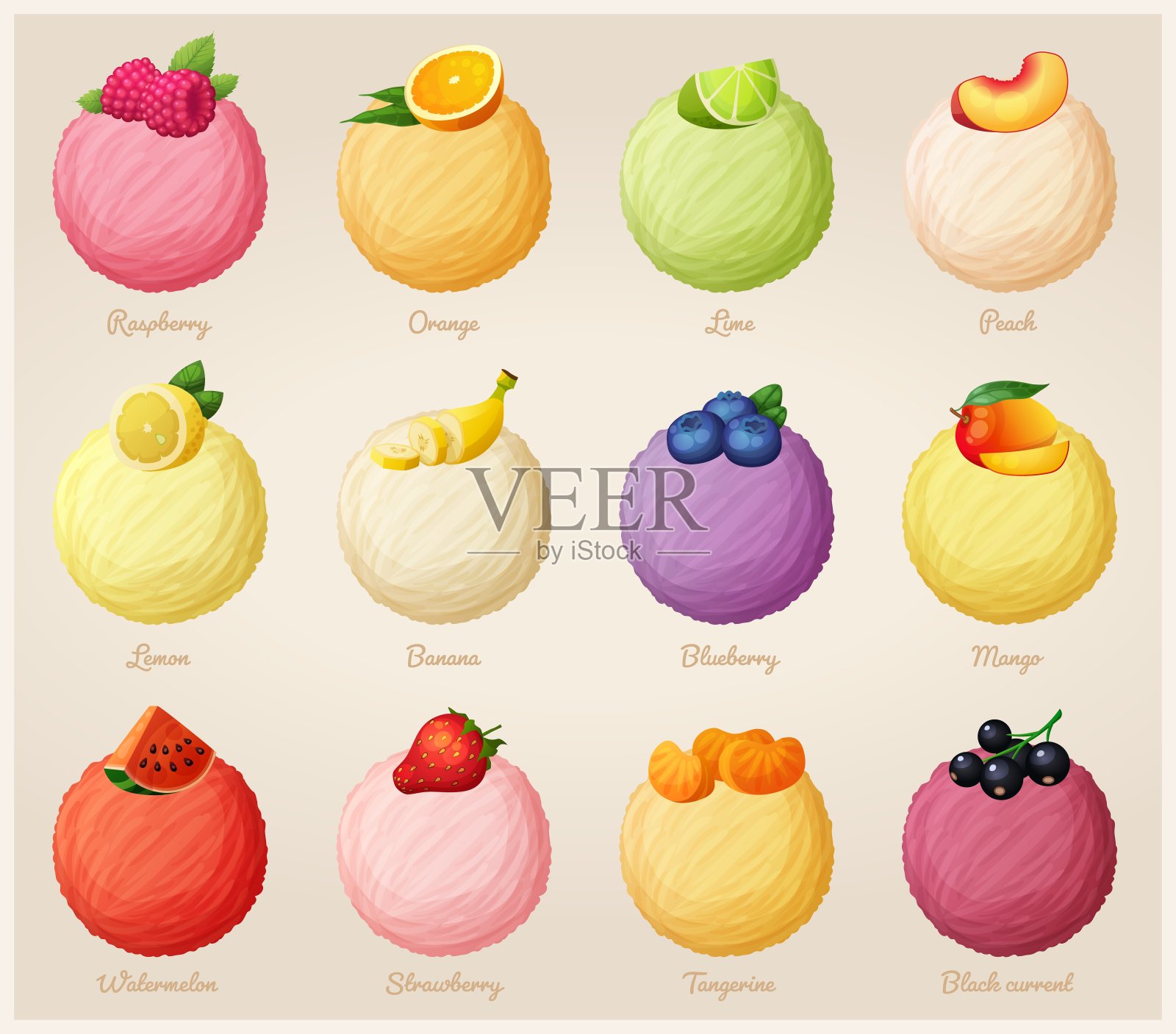 一套水果口味冰淇淋勺矢量图标，冰淇淋球收集卡通插图，草莓覆盆子香蕉，橙桃柠檬，蓝莓西瓜酸橙插画图片素材