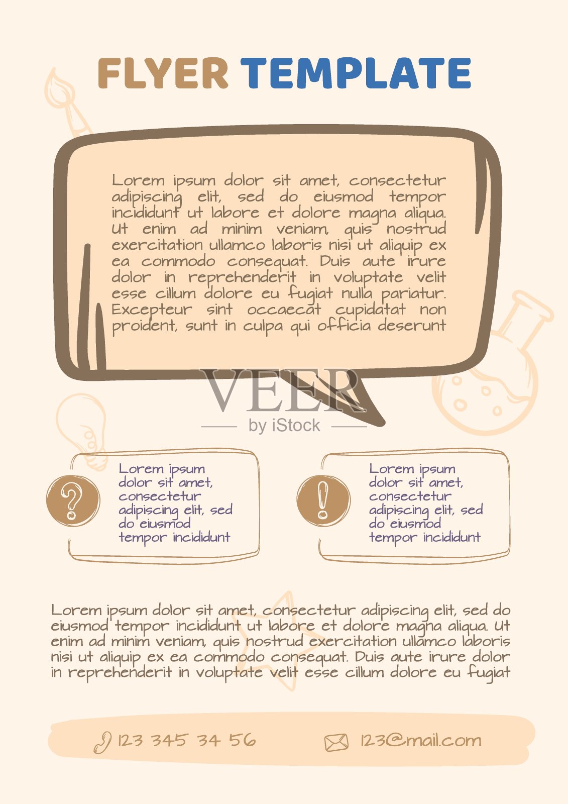 具有文本和线性手绘图标对话框的可编辑传单模板。矢量布局的广告，和后插画图片素材