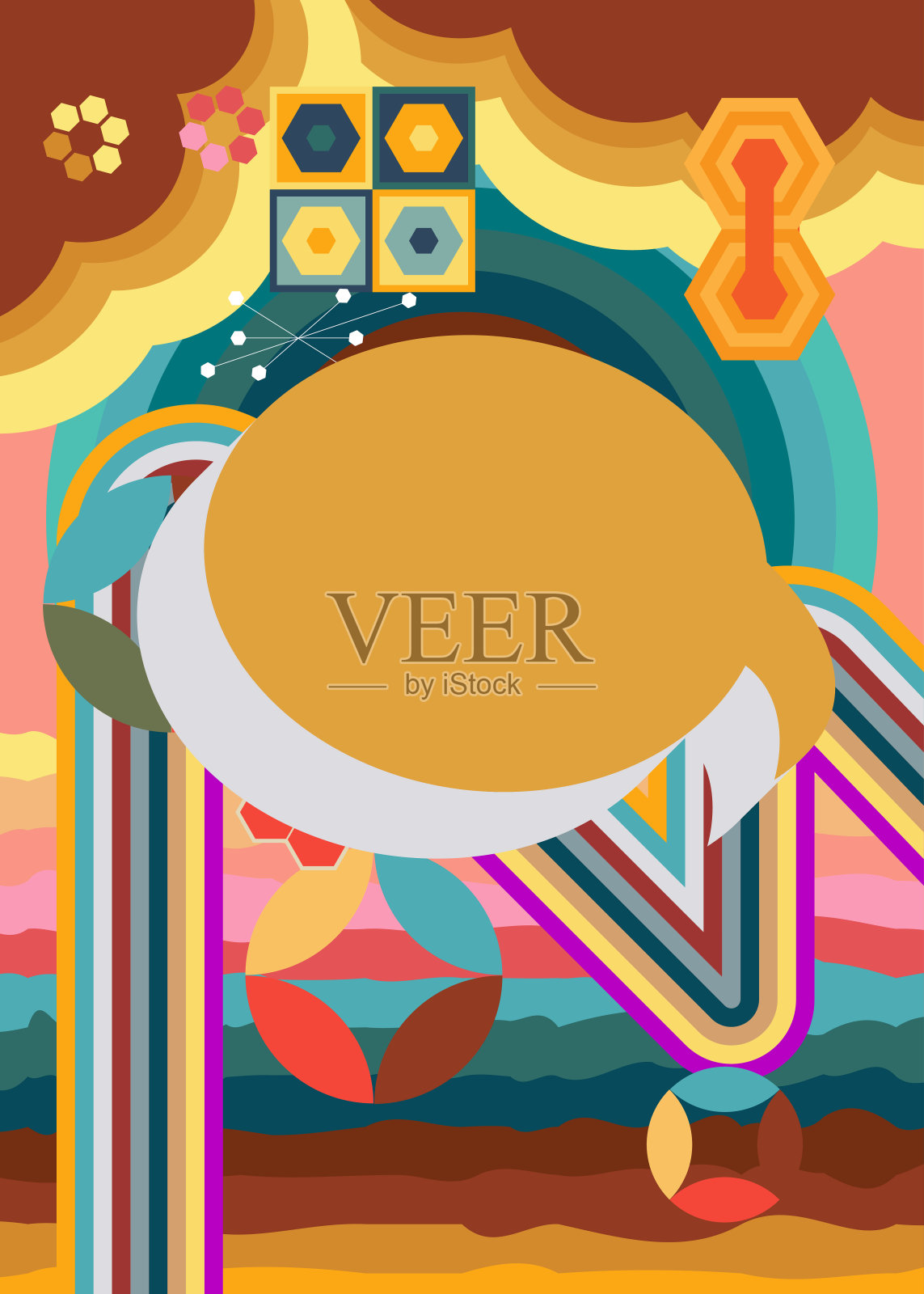 复古的70年代背景与语音泡沫。Groovy Chat, 20世纪70年代的美术模板。极简复古设计海报。老式的彩色艺术品。插画图片素材