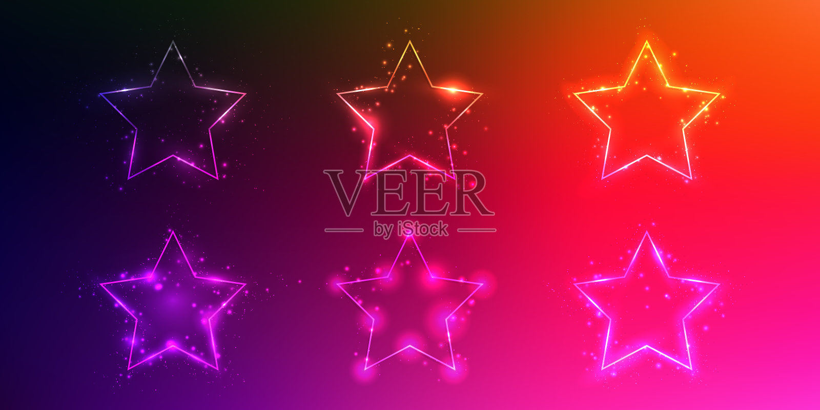 一套六个霓虹灯框架与闪亮的效果和火花插画图片素材