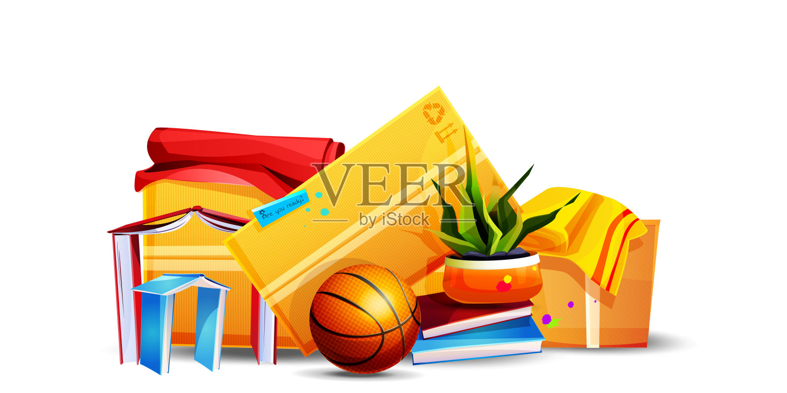 动画风格的快速移动概念。你准备好搬家了吗?纸板箱与个人物品在一个抽象的彩色现代背景。时尚的创意向量组的对象。插画图片素材