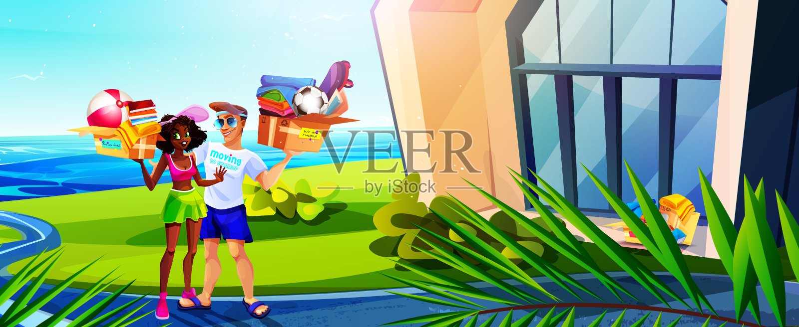 夏季卡通风格的移动概念。你准备好搬家了吗?一对年轻夫妇，一男一女，拿着装着私人物品的纸板箱，站在一座新房子旁边，背景是阳光明媚的夏日风景。插画图片素材