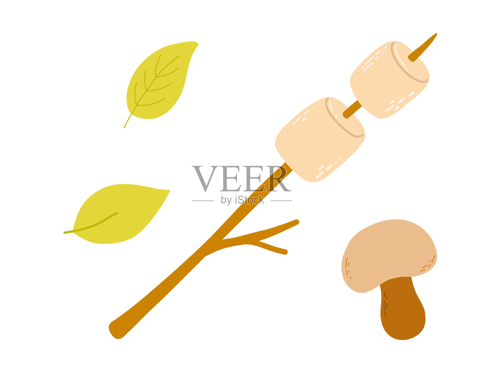 手绘棉花糖烤在木棒上，卡通矢量插图孤立的白色插画图片素材