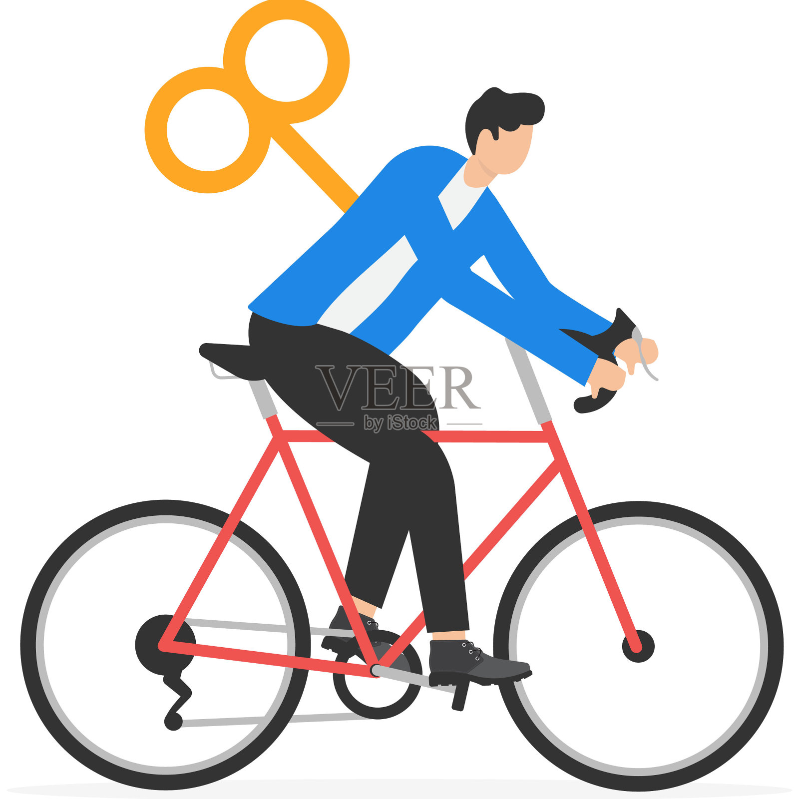 商人通勤骑自行车带上弦钥匙旅行。现代矢量插图在平面风格。插画图片素材