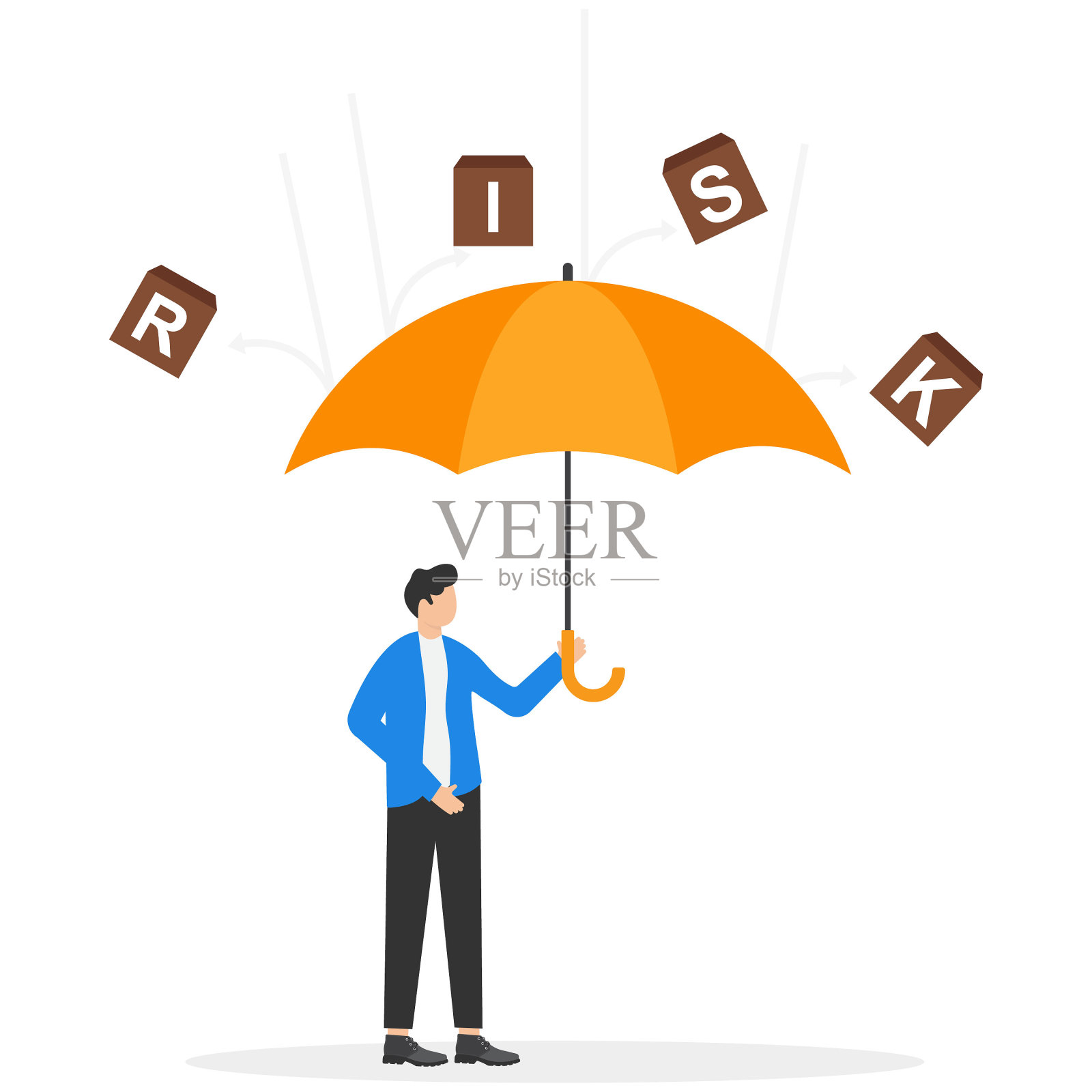 风险管理理念。商人角色拿着一把伞来保护自己免受风险的话。业务模板，隐喻矢量插图插画图片素材