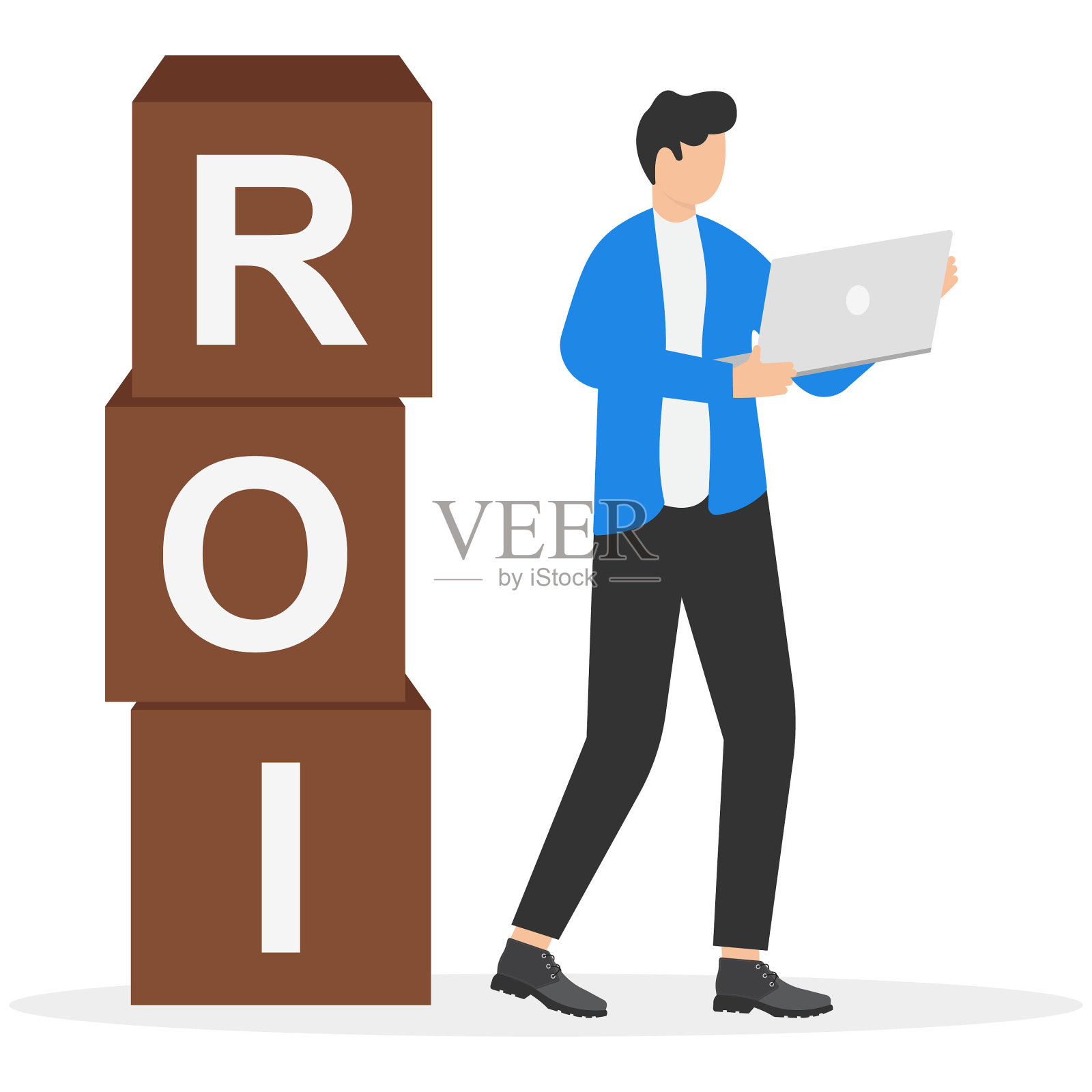 一个商人在他的笔记本电脑上工作，旁边是投资回报率的标志。登陆页模板的业务矢量插图。插画图片素材