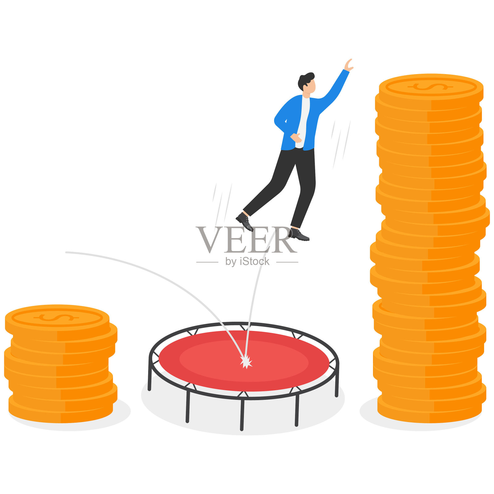 工资、收入或工资增加，投资利润上升，财富管理追求更高回报的理念，成功的商人投资者从低美元资金堆栈爬上阶梯插画图片素材