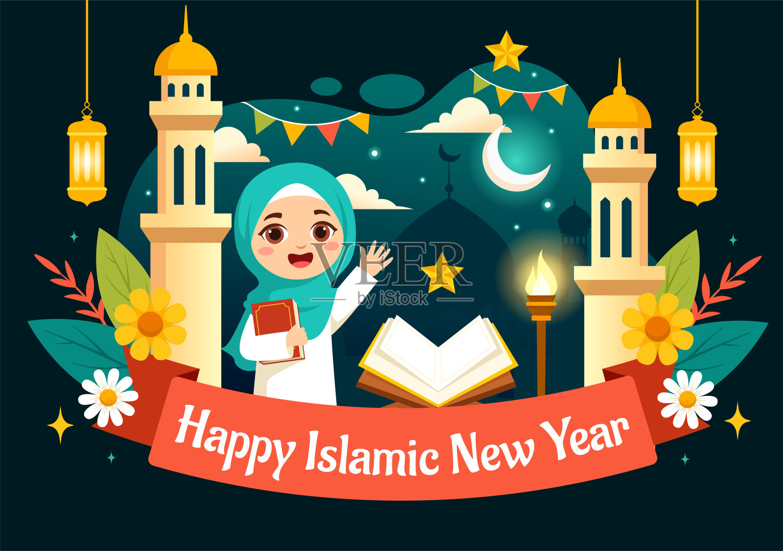 快乐的Muharram矢量插图庆祝伊斯兰新年与清真寺，月亮和灯笼的概念在平面儿童卡通背景插画图片素材