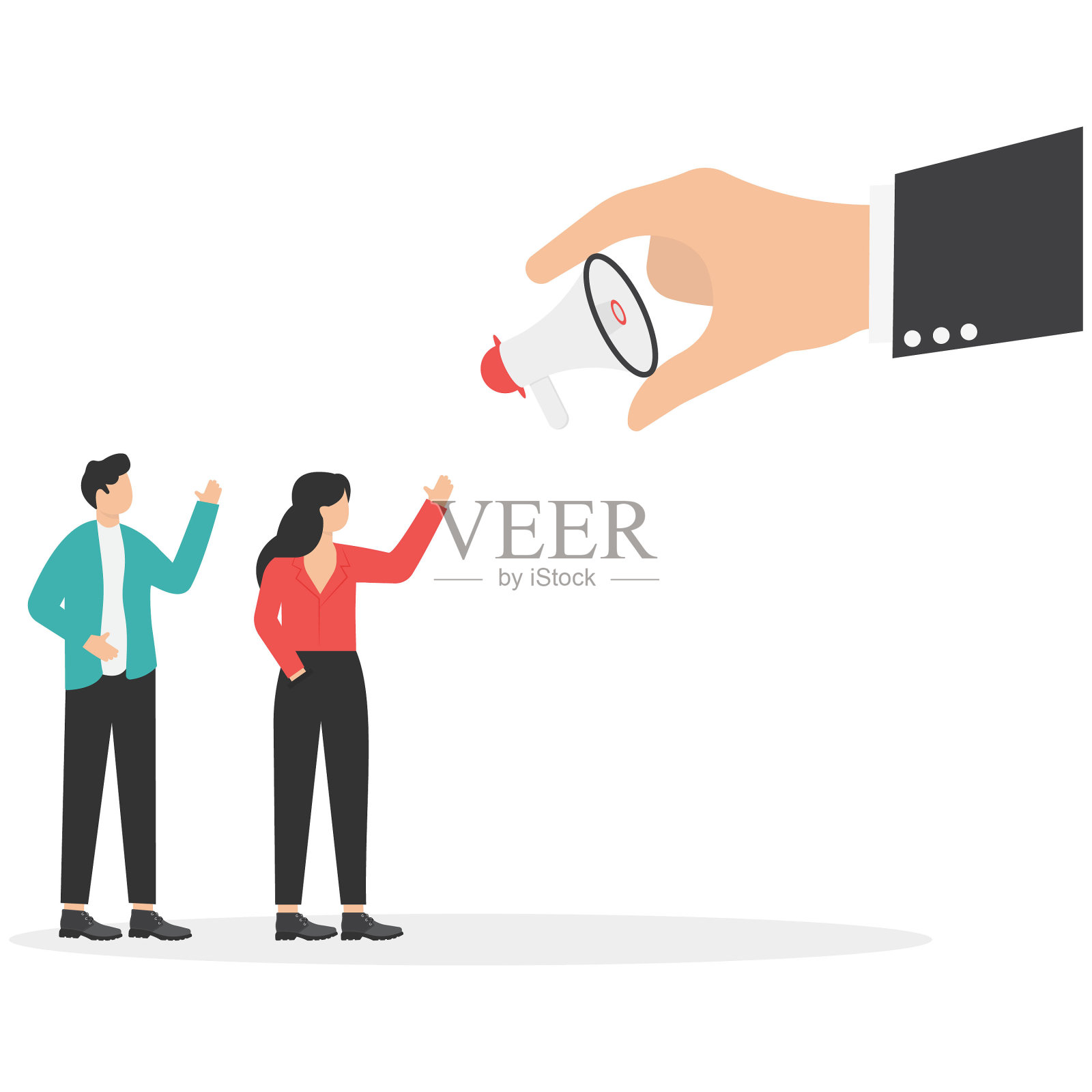 鼓励员工发声，倡导或支持意见，贡献或帮助，倾听想法或沟通，鼓励员工理念，商家人手提供扩音器让员工发声。插画图片素材
