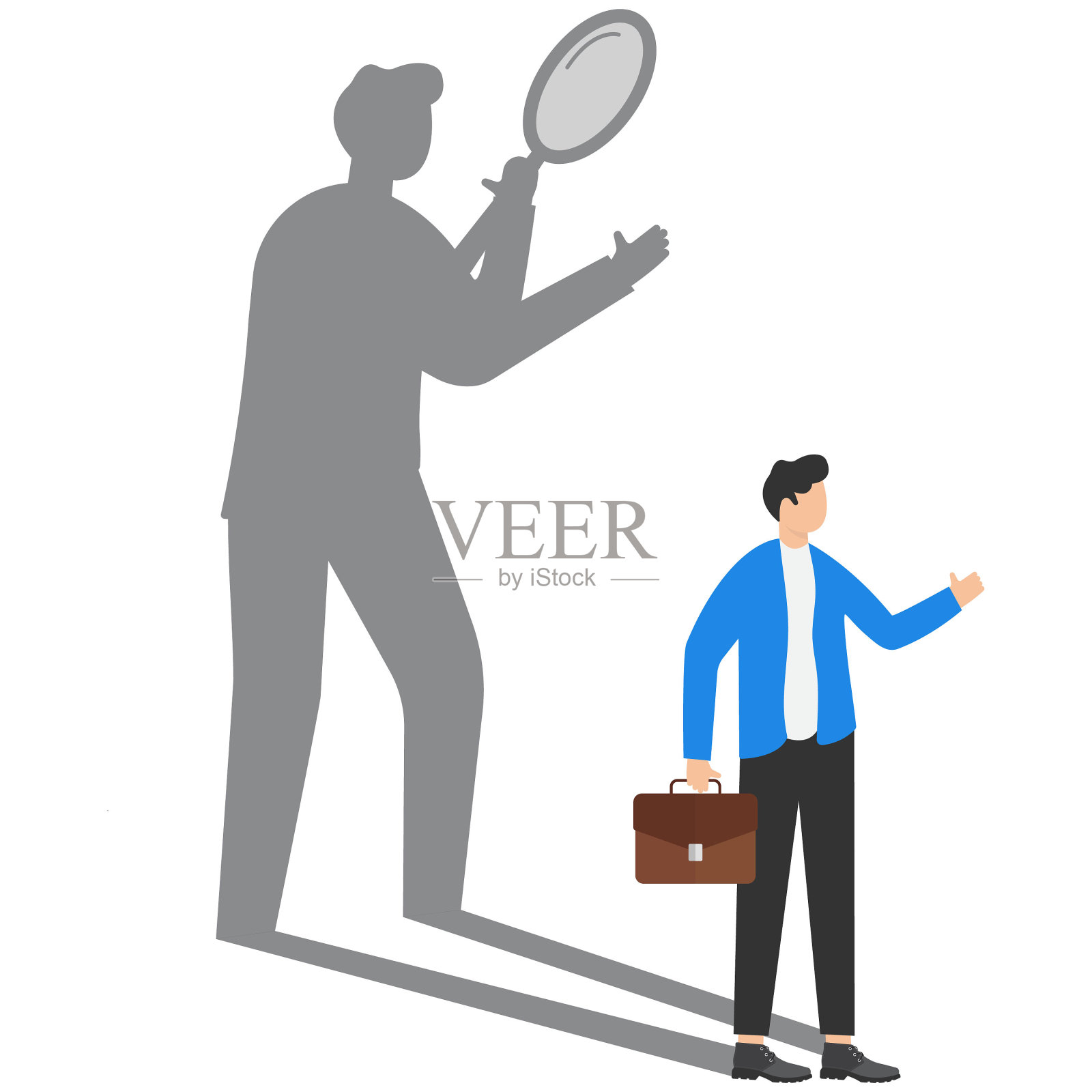 商人带着影子用放大镜分析自己。自我评估，找到一个计划，目标，生活或工作。现代矢量插图在平面风格插画图片素材