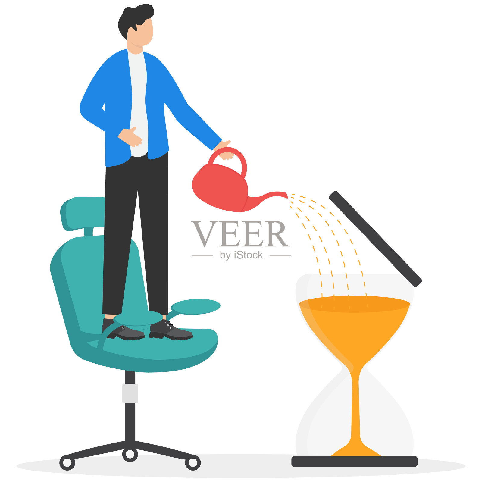 时间管理，抽象商人拖延时间。商人拼命拖延时间，以便赶上重要的最后期限。插画图片素材