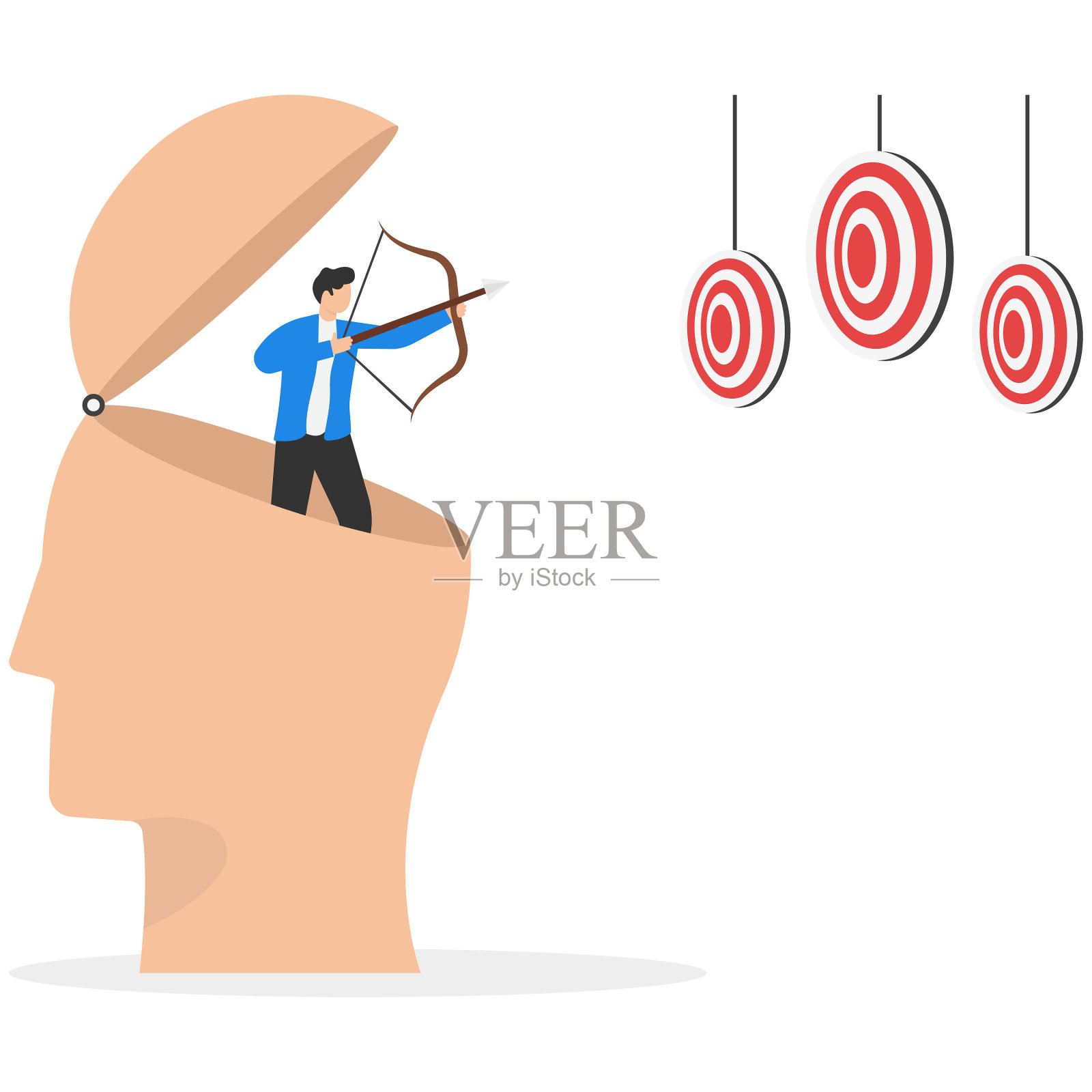 成功心态，实现目标或目标的态度，在工作中取得成功的挑战，成长心态或思想领袖和决心观念，勇气商人射箭，瞄准目标。插画图片素材
