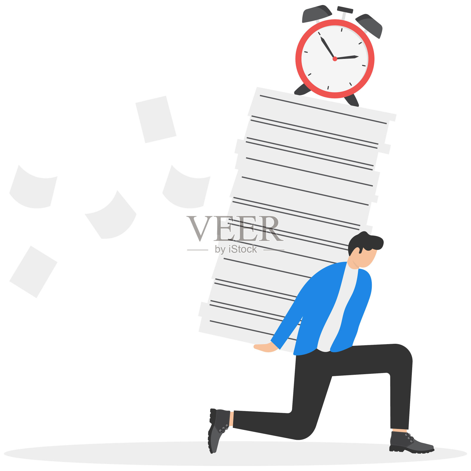 繁忙的工作量和截止日期导致疲惫和倦怠，超负荷或过度工作的办公室常规概念，疲惫的商人携带沉重的文件和文件，上面写着闹钟截止日期。插画图片素材