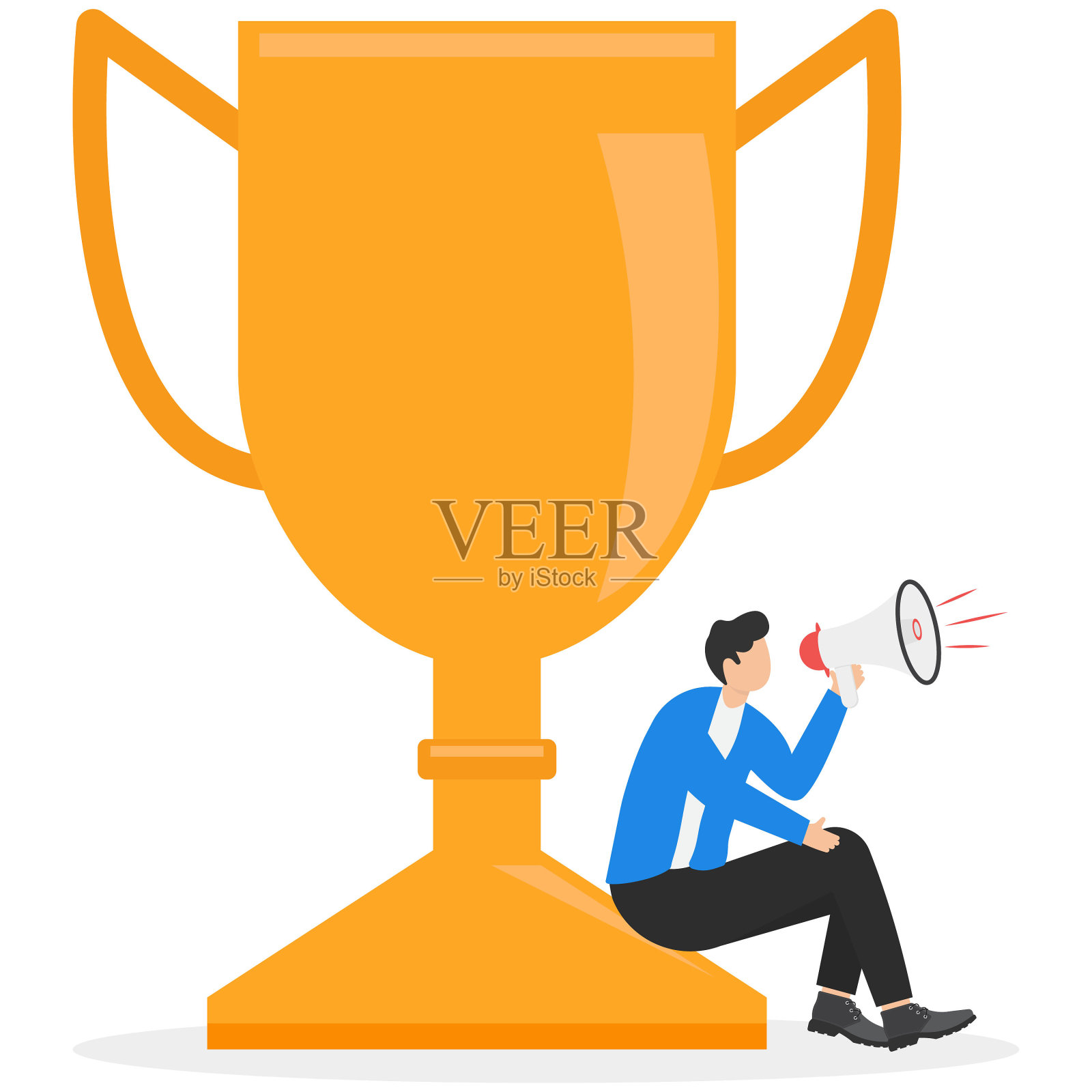 成功的故事，激励人们发展和提高，以实现人生的成功，讲故事或激励人，抱负的概念，商人讲成功的故事，用扩音器在赢家的奖杯。插画图片素材