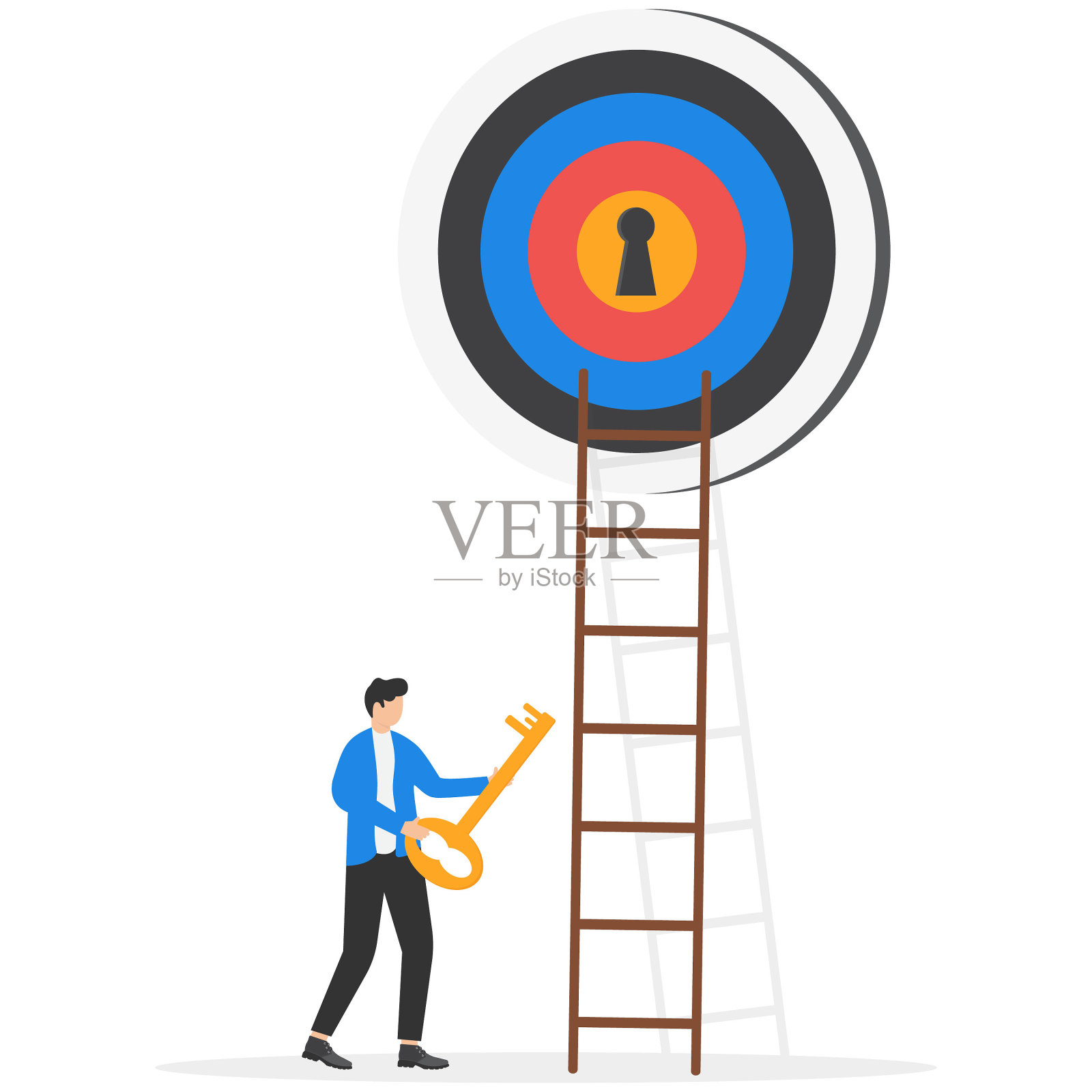 成功的关键和实现商业目标、KPI、事业成就或成功的秘诀在工作理念上，商人将金钥匙放入靶心目标钥匙中以解锁商业成功。插画图片素材