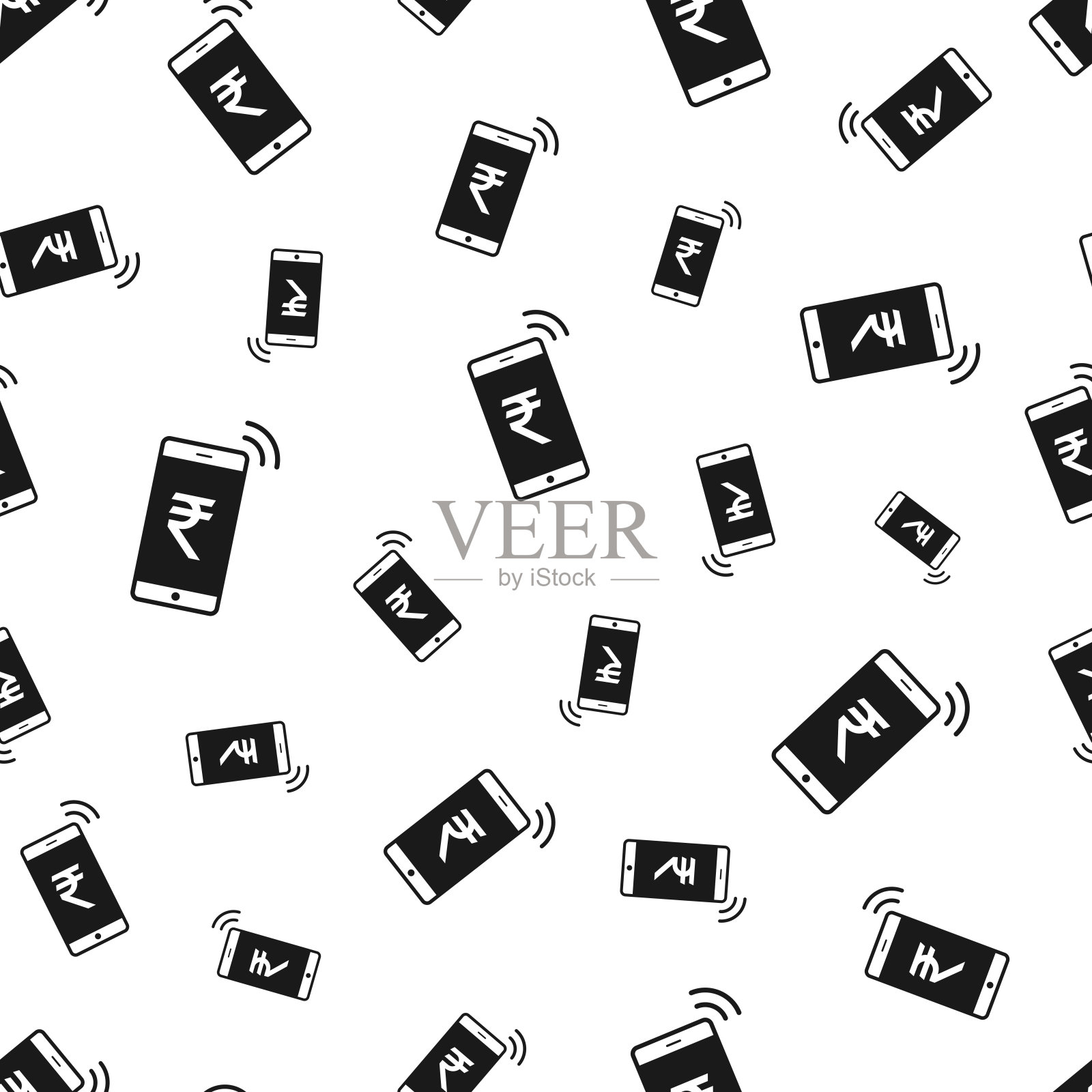 带有印度卢比标志的移动支付。无缝模式。白色背景的图标插画图片素材