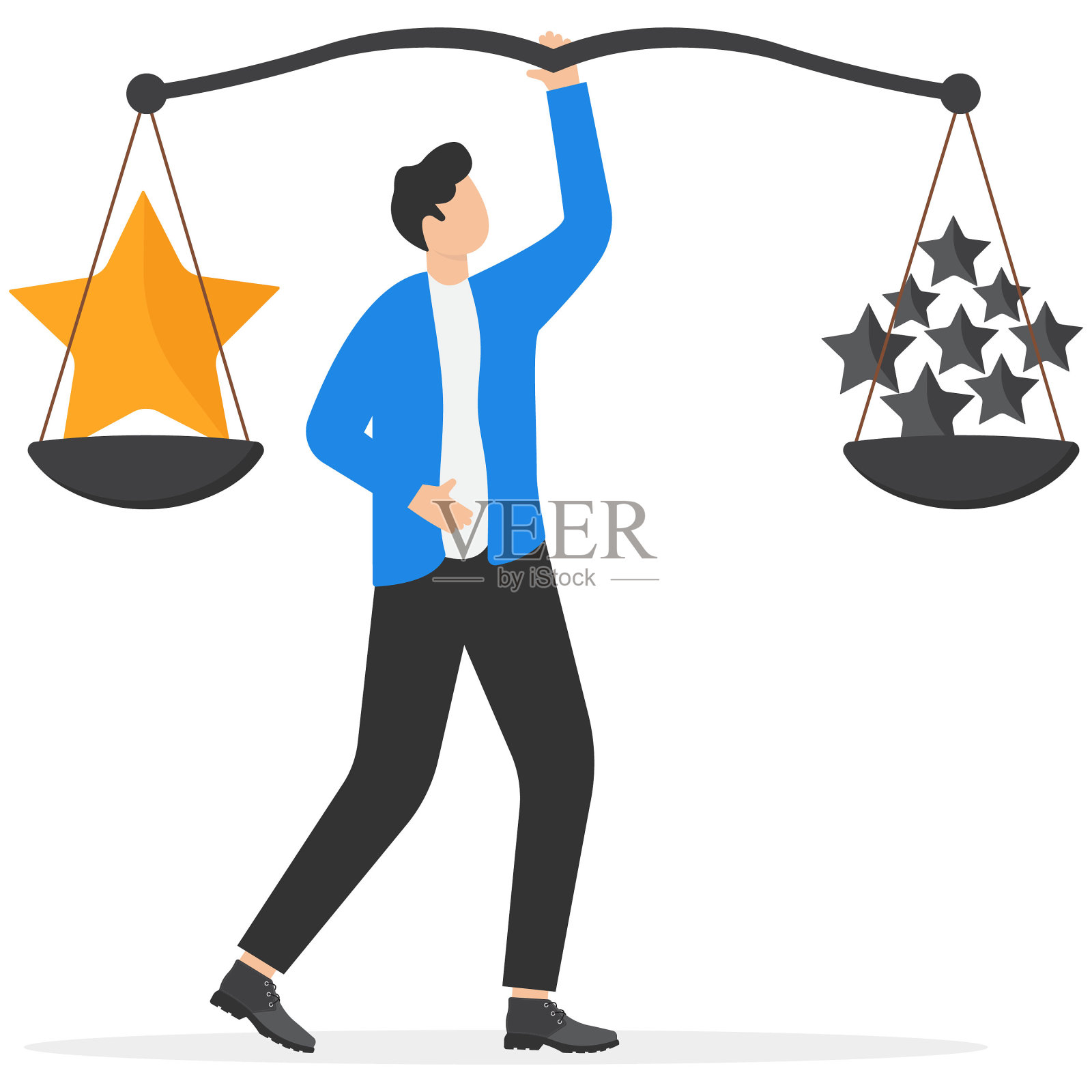 商人平衡质与量，管理保证卓越的工作成果，工作态度传递卓越的结果理念，聪明的商人平衡优质明星与普通明星插画图片素材