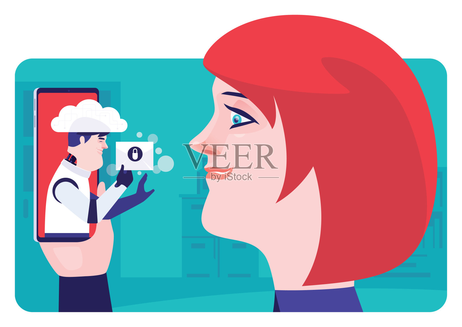 女人遇到了用智能手机发送锁定邮件的机器人男人插画图片素材