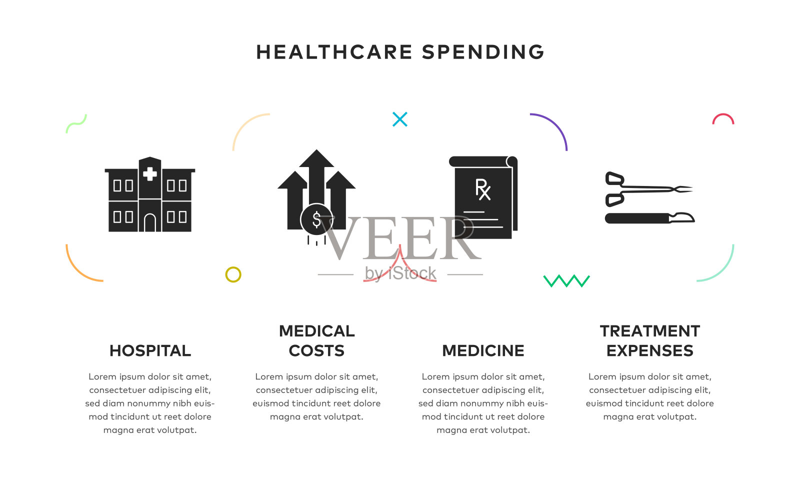 医疗保健支出概念信息图表设计与4步固体图标插画图片素材
