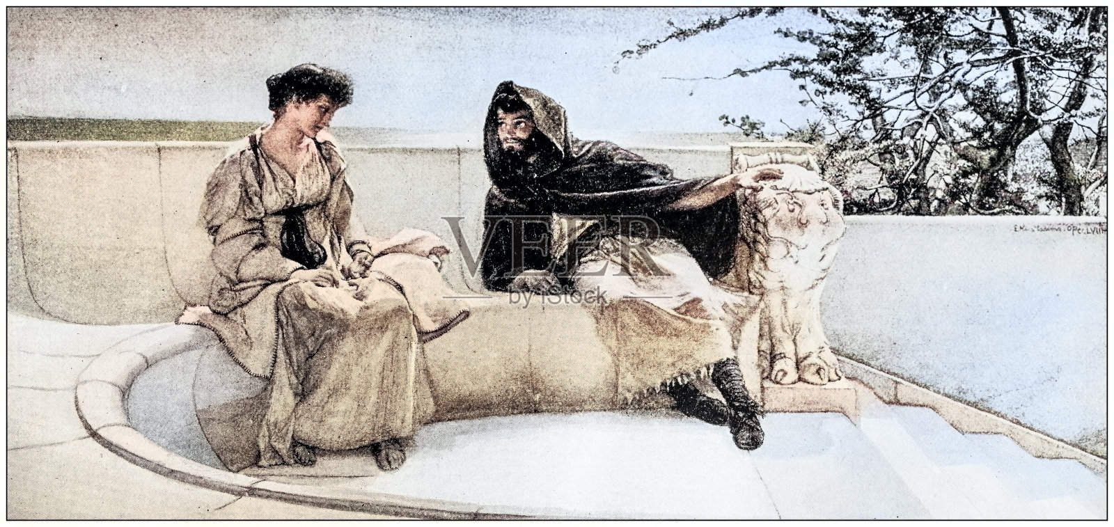 古玩画插图:夫妻户外插画图片素材