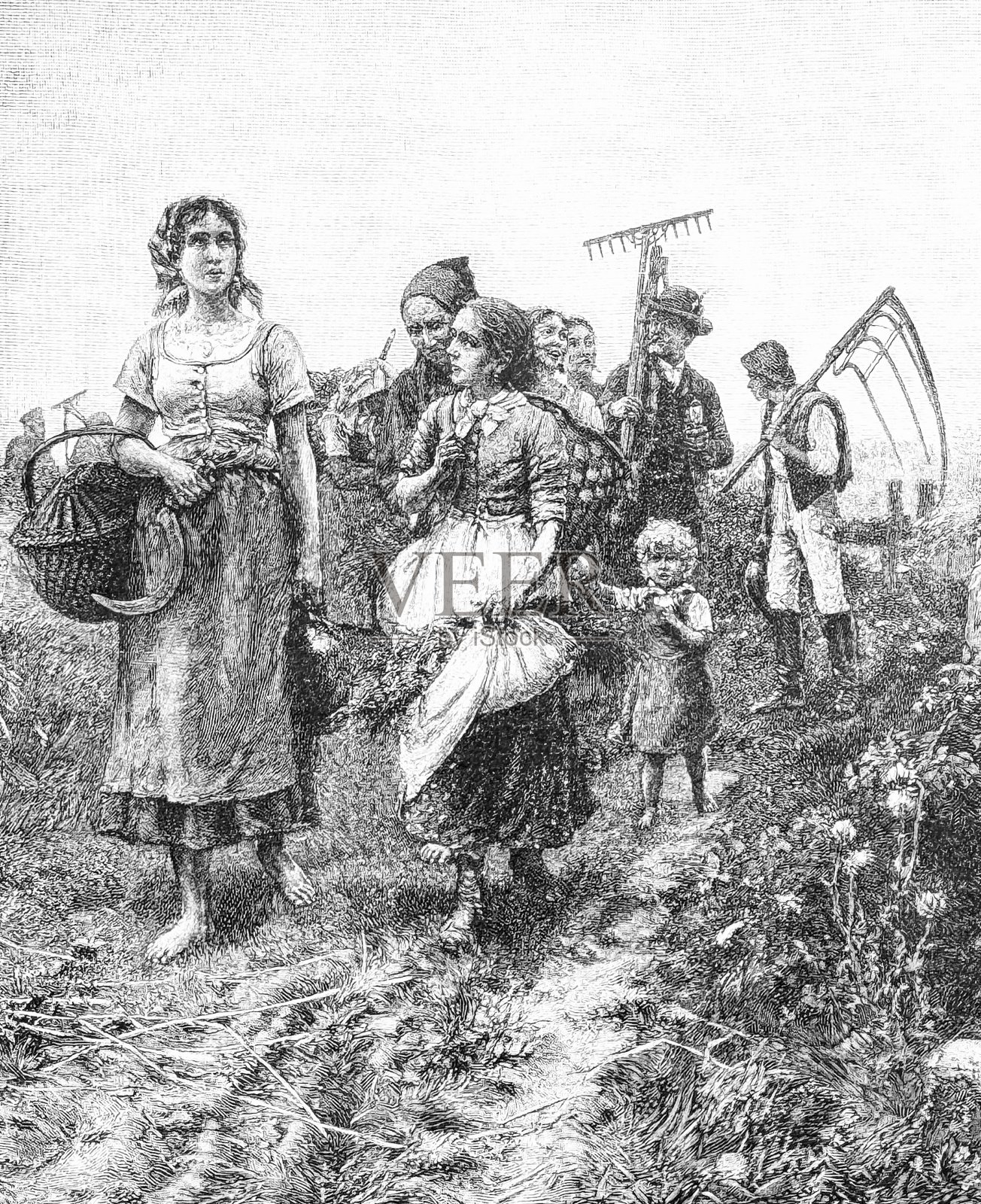 下班后走在乡间的人们插画图片素材