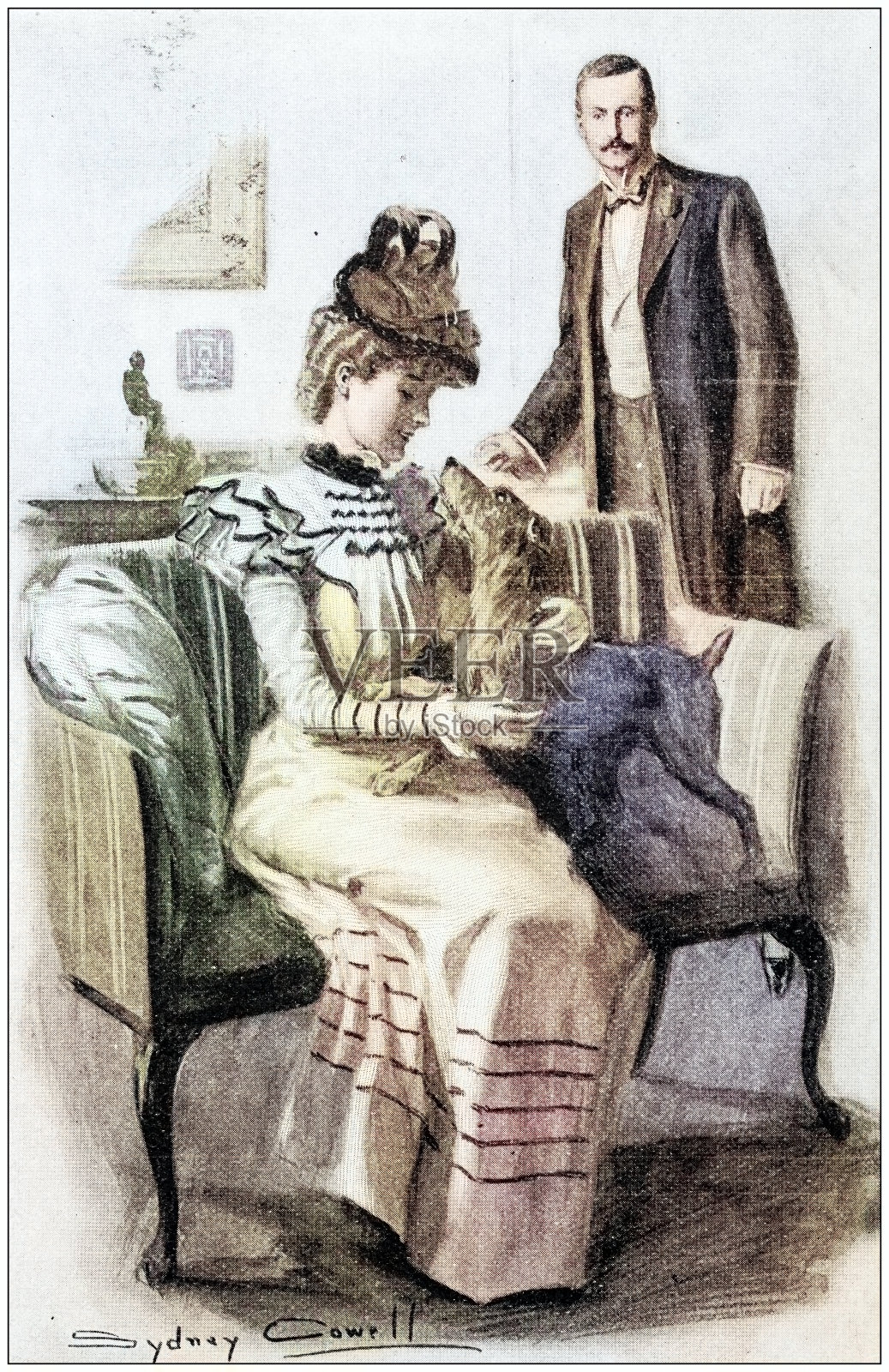 古董画插图:夫妇与狗插画图片素材