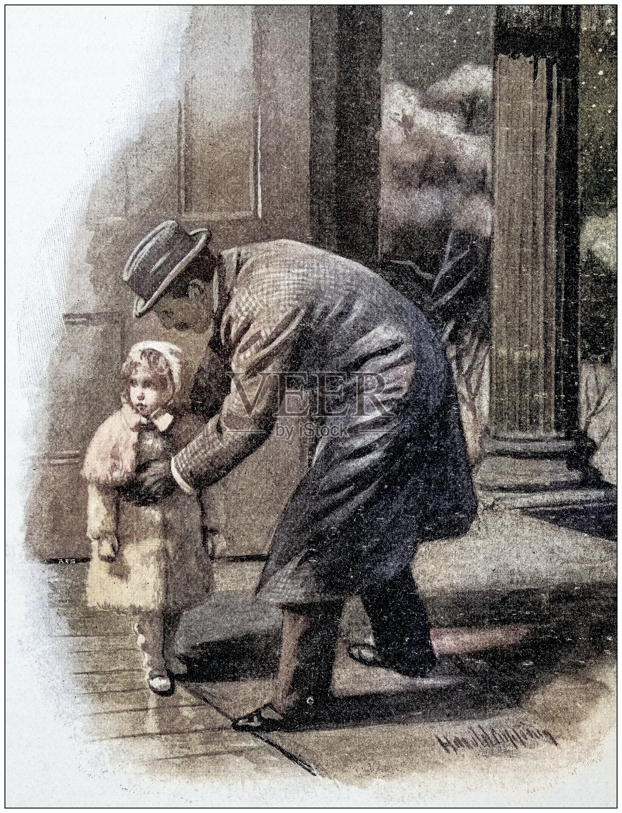 古玩画插图:带孩子的男人插画图片素材