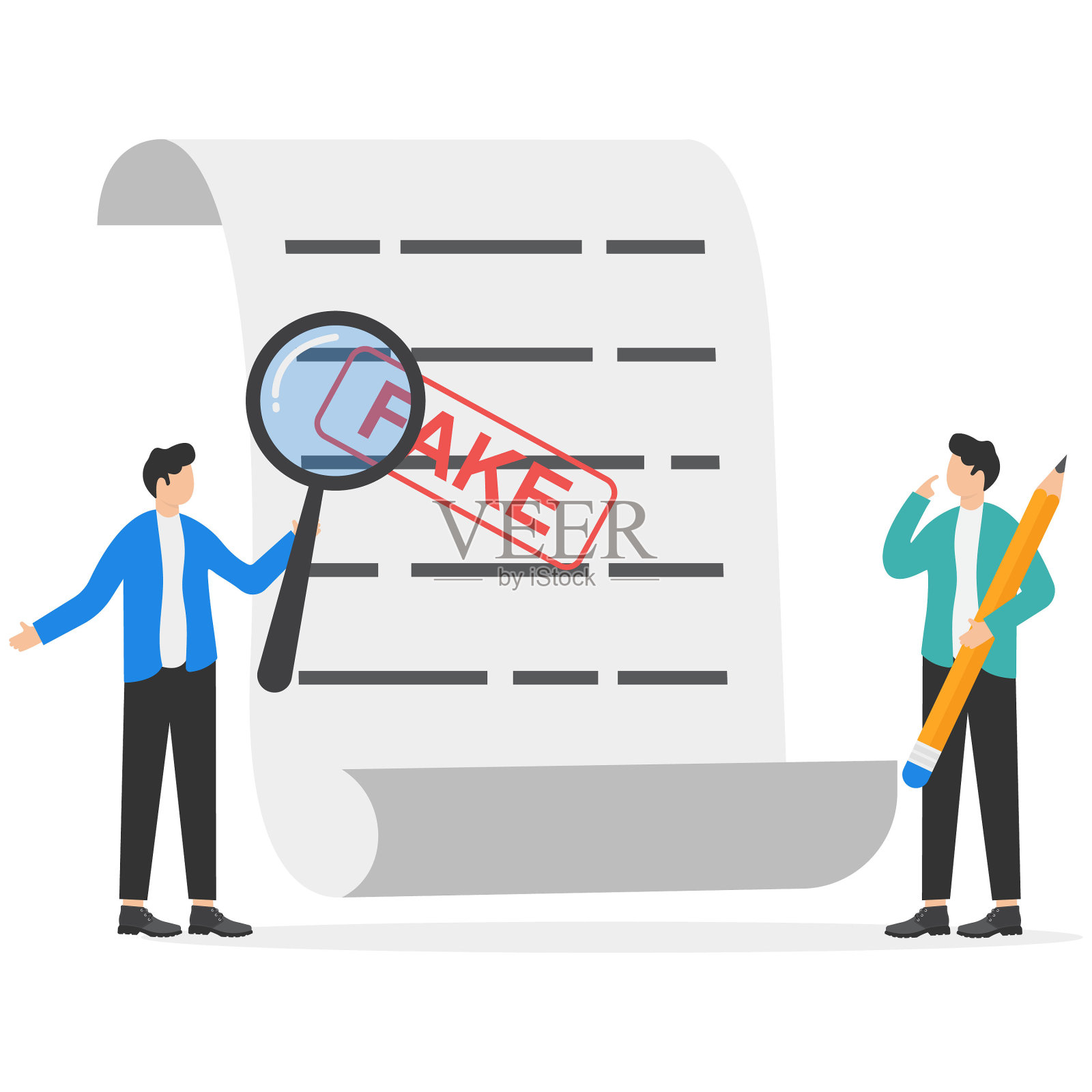 聪明的企业家检查人员核实假文件。虚假证件、虚假信息核查或假新闻核查、欺诈和违法报道。插画图片素材