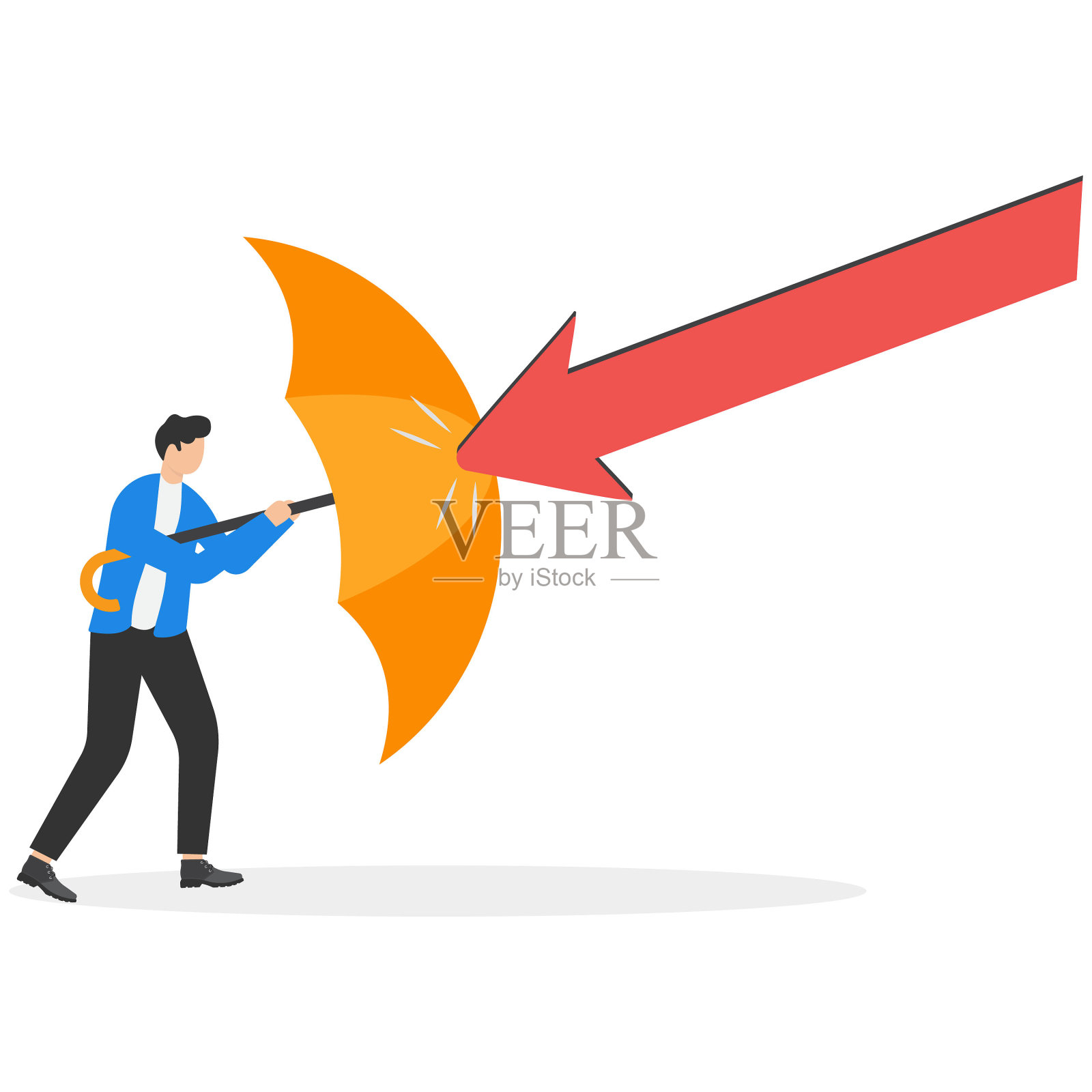 商人拿着伞，以掩护和保护免受下行箭。保护或防御股票在经济危机或市场崩溃，企业弹性生存困难或保险的概念。插画图片素材