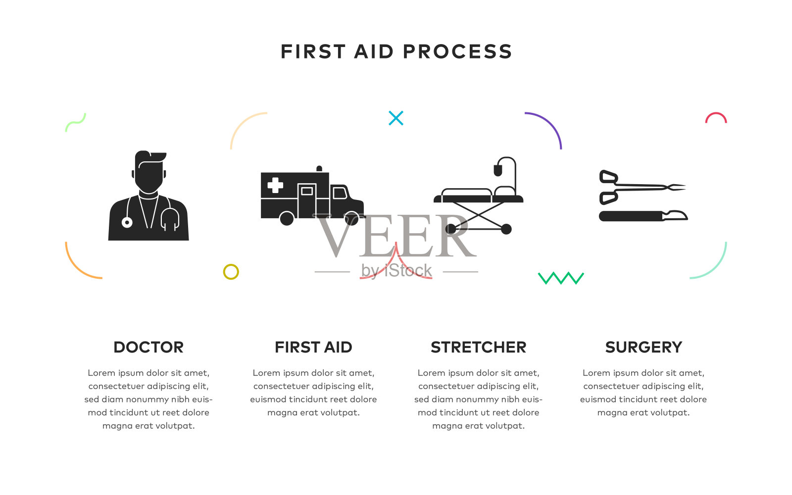 急救过程概念信息图表设计与4步固体图标插画图片素材