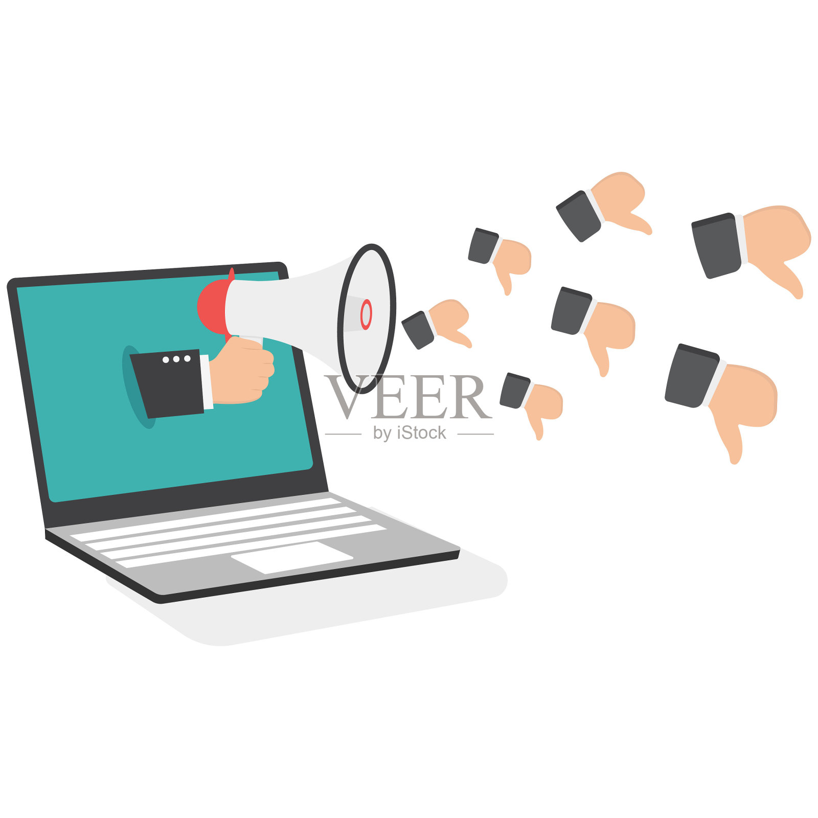 一名愤怒的男子用智能手机对着扩音器大喊大叫，拇指向下。网络仇恨者，愤怒的社交媒体，来自远程工作的不喜欢或负面反馈，网络欺凌概念。插画图片素材