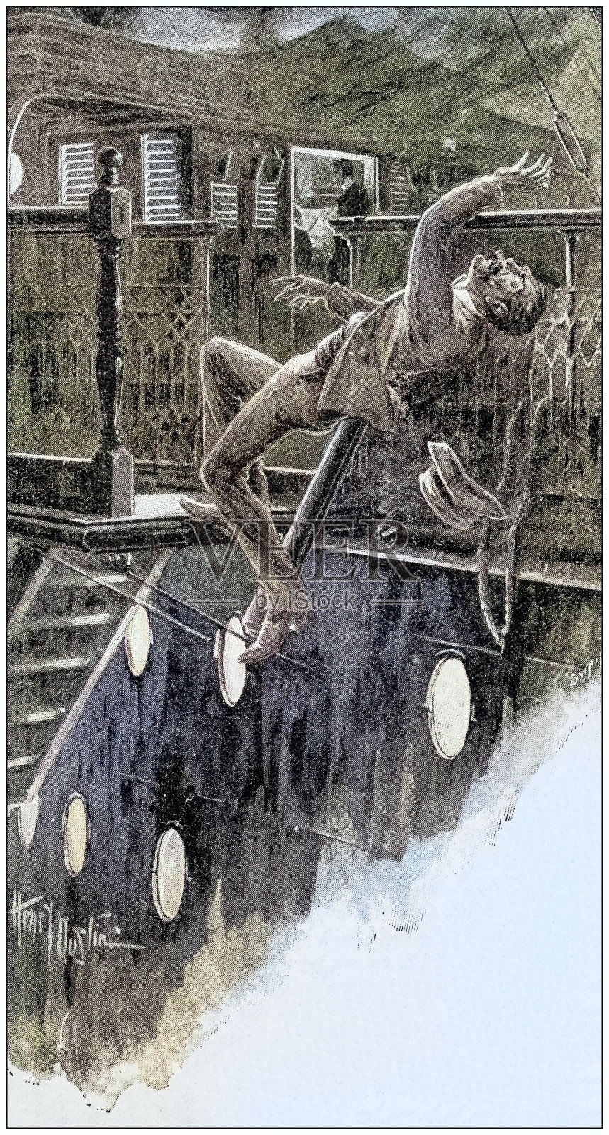 古玩画插图:人从船上落水插画图片素材