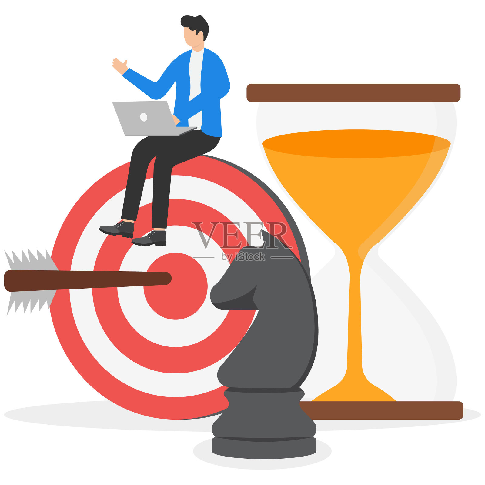 从事计算机工作的企业家们带着国际象棋骑士和沙镜坐在目标上。企业战略，计划实现目标，管理公司成长机会，市场成功目标。插画图片素材